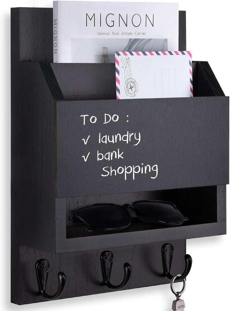 Lucundm Key and Mail Holder for Wall, Key Holder with Chalkboard and Long Storage Box, Key Hanger with 3 Sturdy Hooks for Coat, Dog Leash, Entryway Mail Organizer (Black) - Image 1